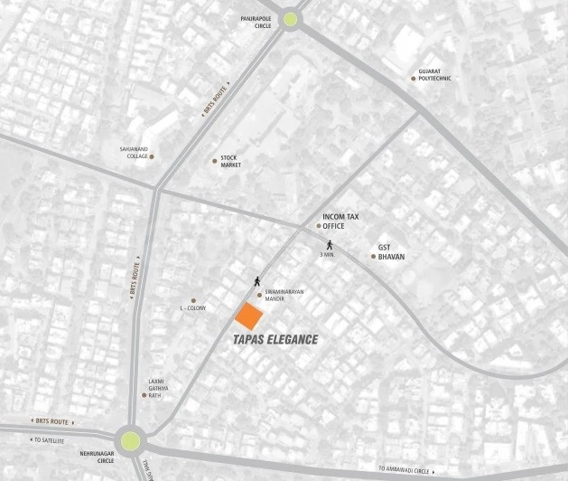 Location map — Tapas Elegance near Nehrunagar Circle, Ambawadi, showing nearby landmarks