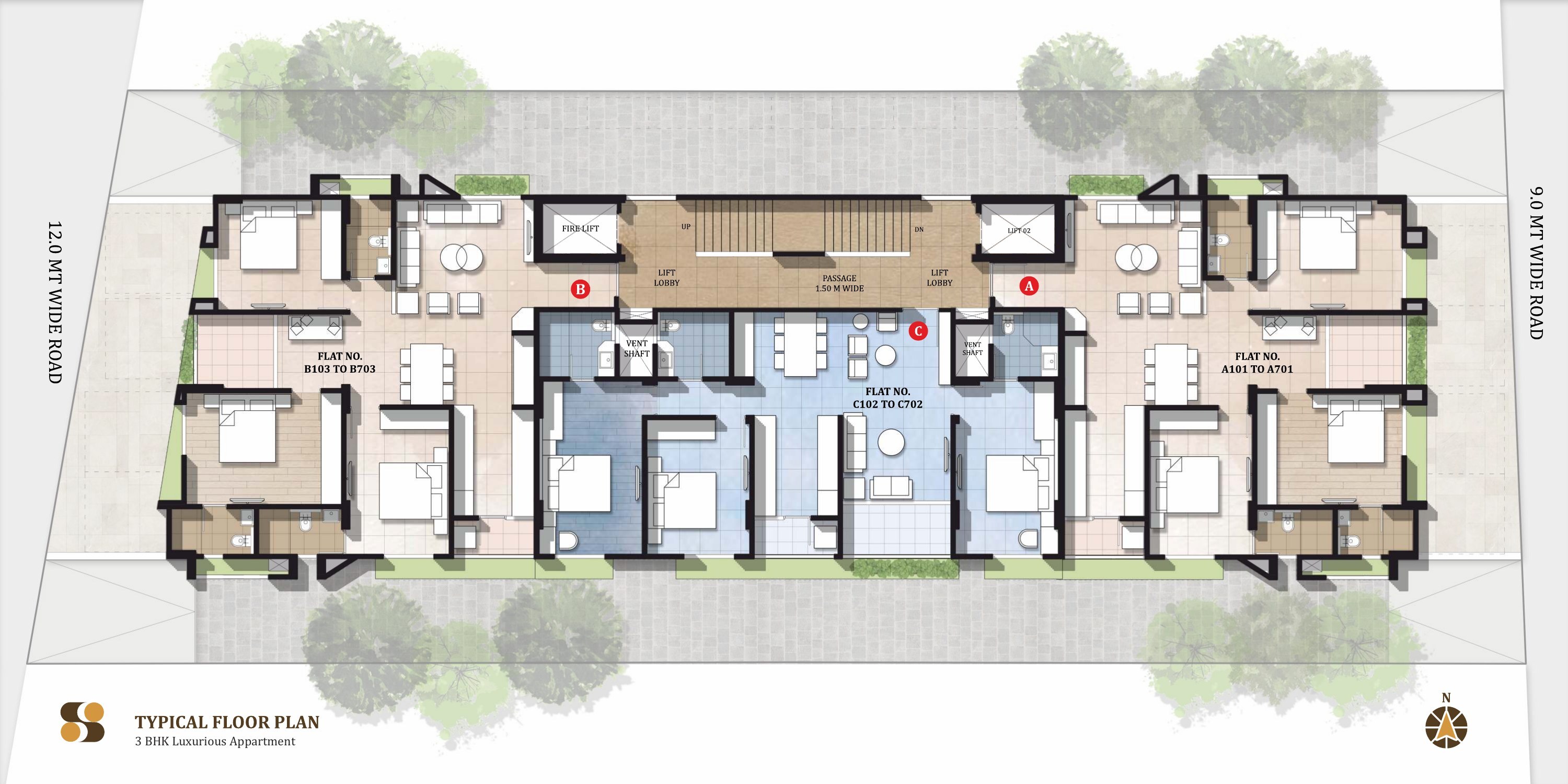 Typical floor plan showing apartments A, B and C on every floor