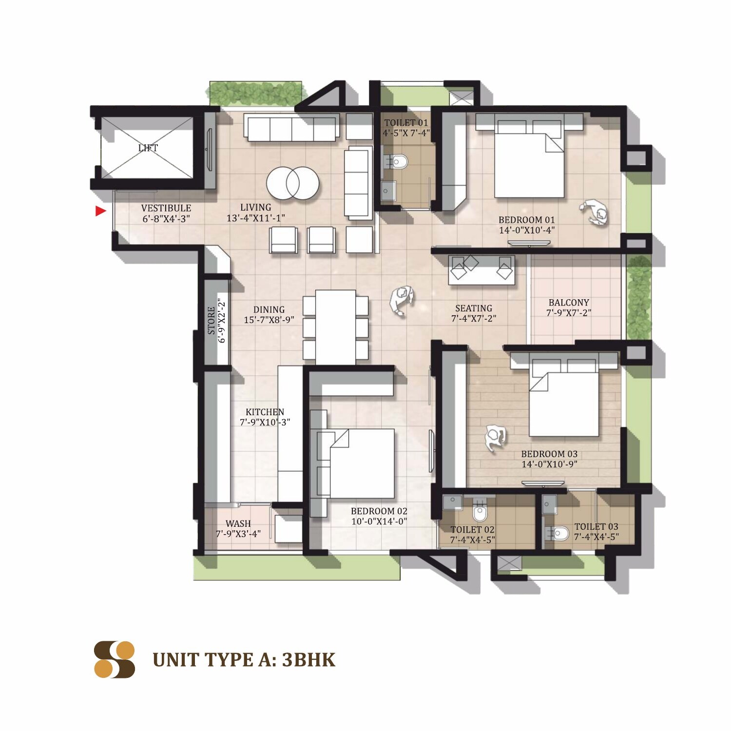 Unit Type A — 3 BHK floor plan