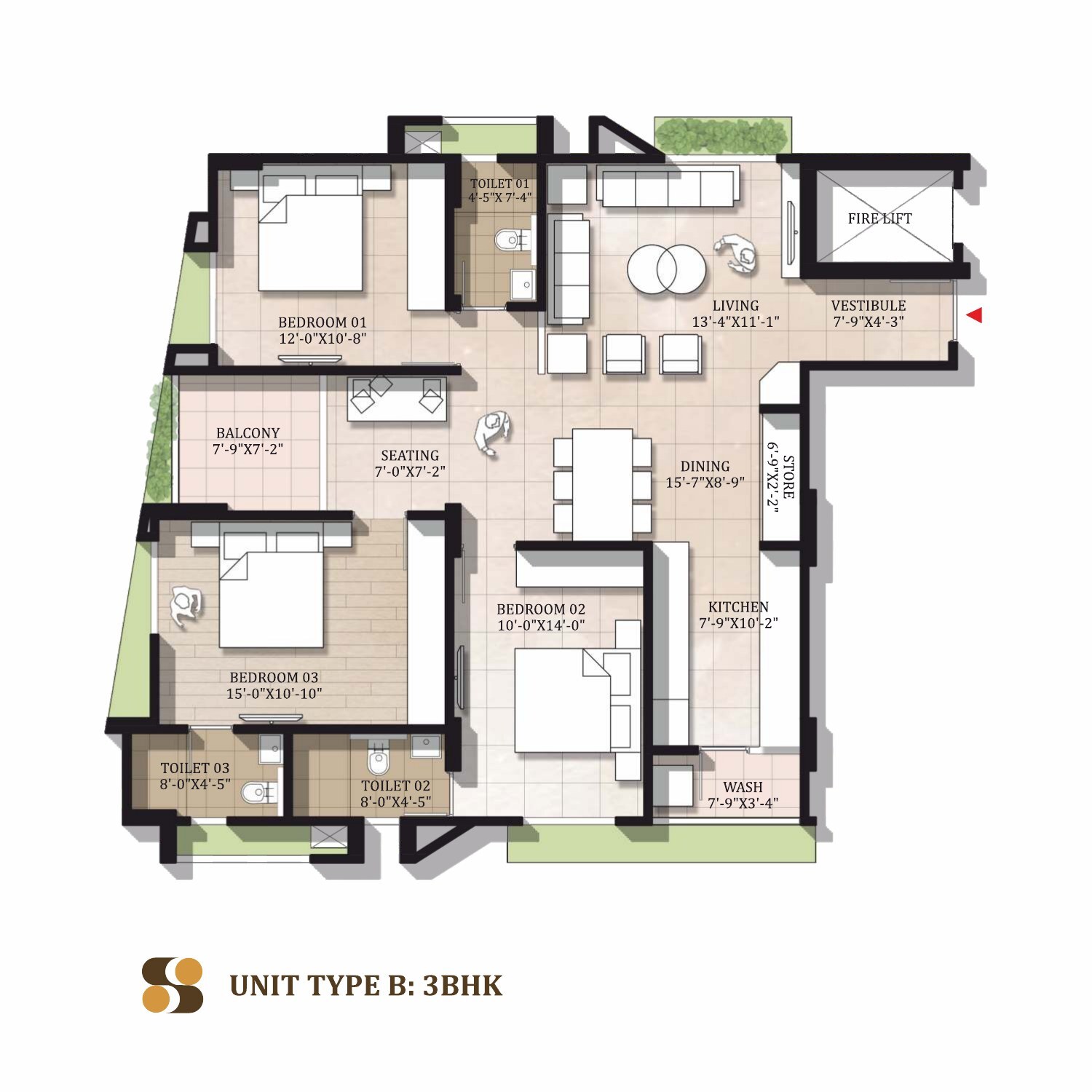 Unit Type B — 3 BHK floor plan