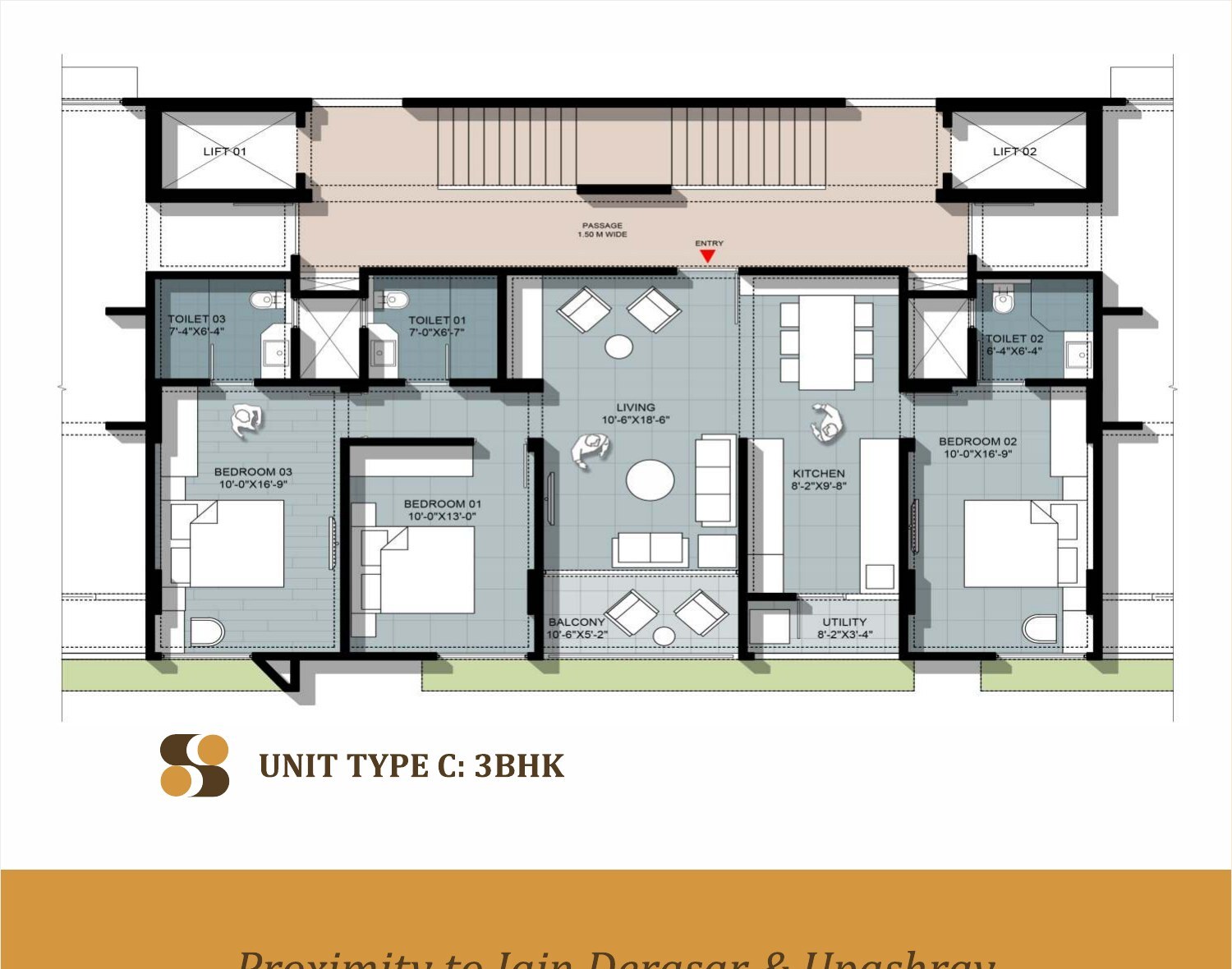 Unit Type C — 3 BHK floor plan